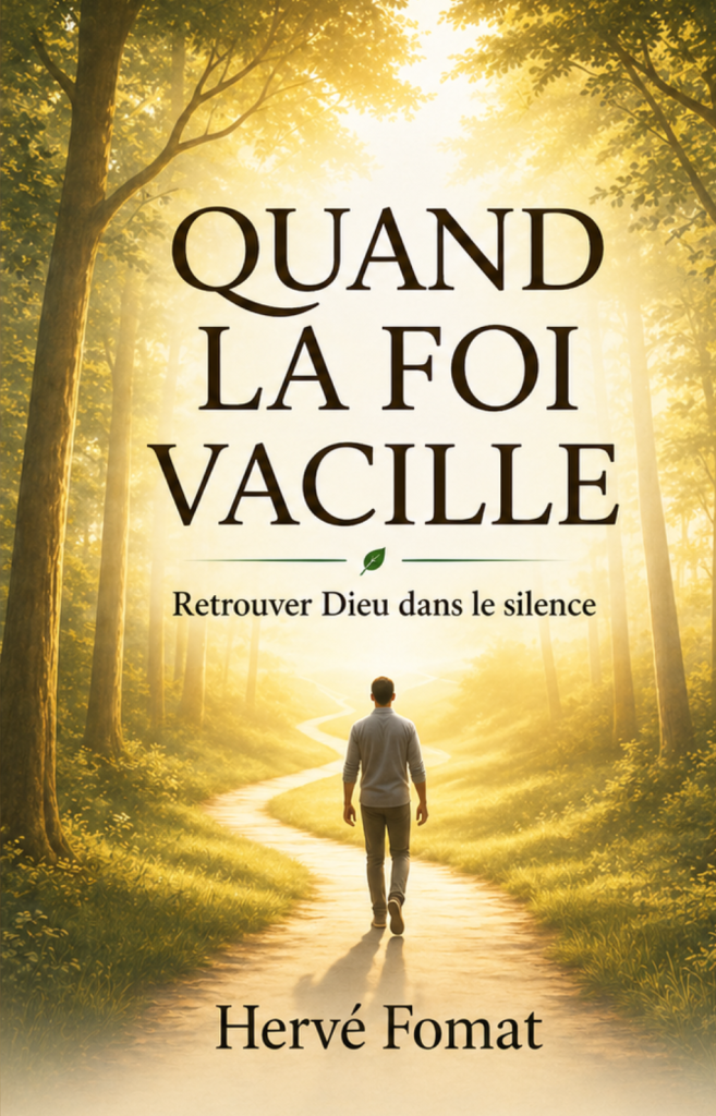 Couverture de Quand la foi vacille — Retrouver Dieu dans le silence, de Hervé Fomat, avec un homme sur un chemin lumineux en forêt.